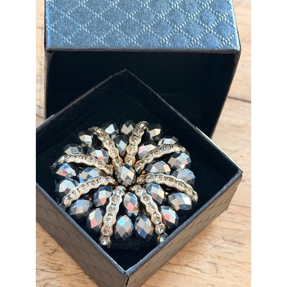 Vintage Rhinestone & Black Beaded Round Brooch Pin Jewelry 2 Inches Diameter